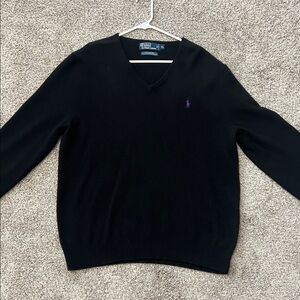 Polo by Ralph Lauren Black V-Neck Sweater with Purple Logo